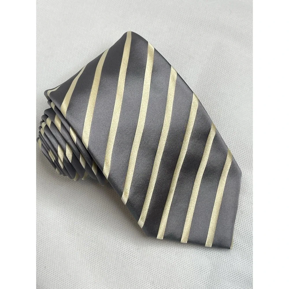 Brioni Classic Thick Repp Silk Striped Tie Gray Yellow Handmade Italian Necktie